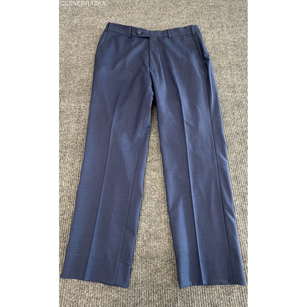J. Hilburn Men's Navy Blue Textured Wool Flat Front Dress Trousers Pants Sz 35